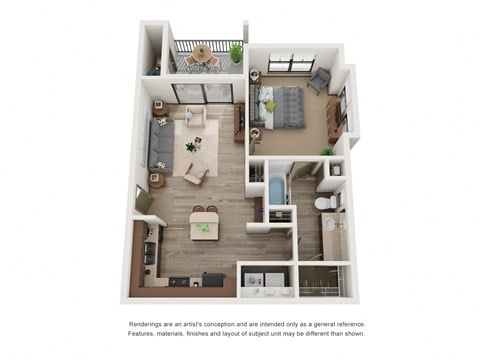 Floor plan for 1 bed, 1 bath, 607 sqft
